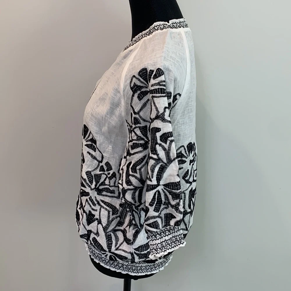 Chicos Black White Linen Embroidered Aztec Bomber Jacket Size 2 or Large - Picture 4 of 8